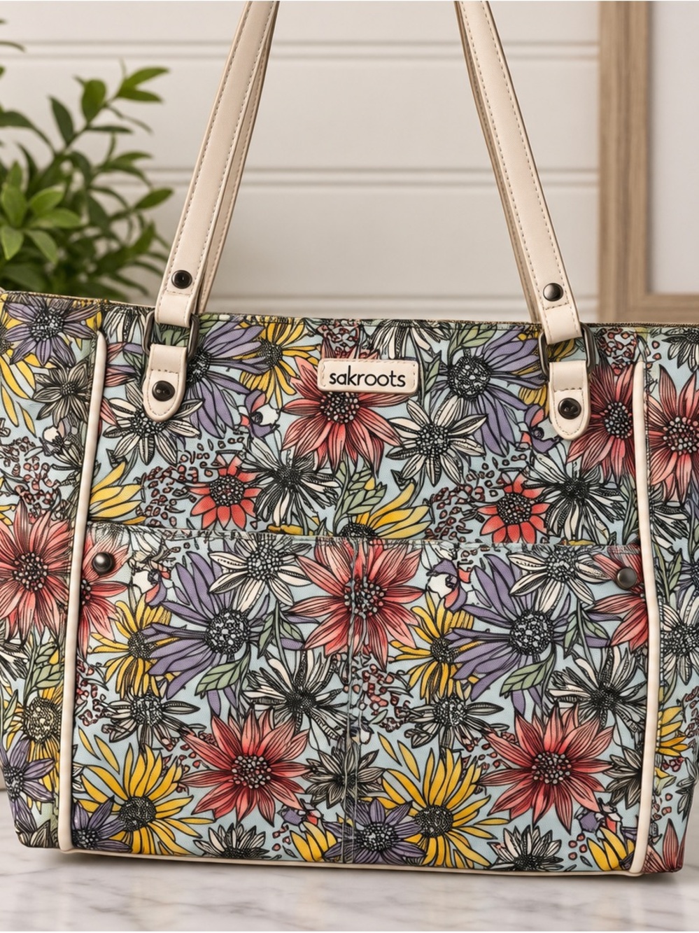Sakroots Metro Satchel Floral Botanical Multicolor Shoulder Tote Bag